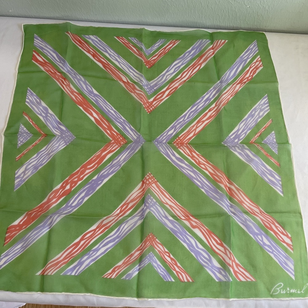 Vintage Burmel Silk Blend Green 22 Square‎ Sheer Geometric Hand Rolled Japan